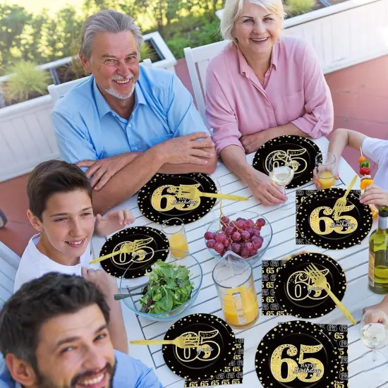 200Pcs 65th Birthday Party Supplies Happy 65th Birthday Gold Black Tableware Dinnerware Set 65 Years Old Plates and Napkins {4}