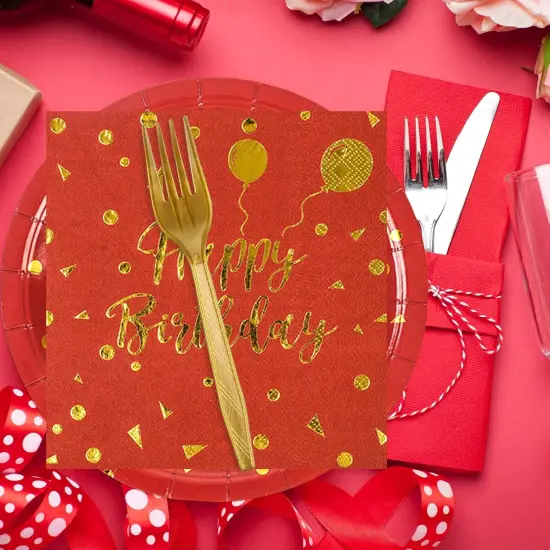 75Pcs Happy Birthday Red Glod Paper Plates and Napkins Party Supplies Set,Red Disposable Plates Party Supplies Includes Paper Napkins Forks Decorations {3}
