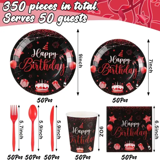 350 Pcs Happy Birthday Party Supplies Disposable Party Tableware Set Serves 50 Included Plates Napkins Cups Cutlery for Men Woman 50th 80th Birthday Party Decorations (Black Red) {3}