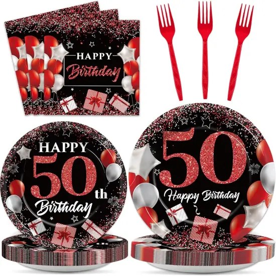 96 Pcs 50th Birthday Plates and Napkins Party Supplies 50 Years Old Birthday Party Tableware Set Red Black Dinner Dessert Plates 50th Birthday Decorations Favors for Man Women for 24 Guests {1}