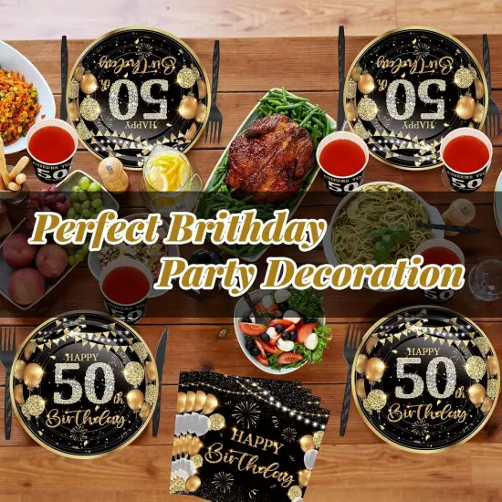 240 Pcs 50th Birthday Party Tableware Sets Include Plates Napkins 9oz Cups Cutlery Anniversary Dinnerware Party Supplies for Men Women Him Her, Serve 30 Guests (Black Gold) {5}