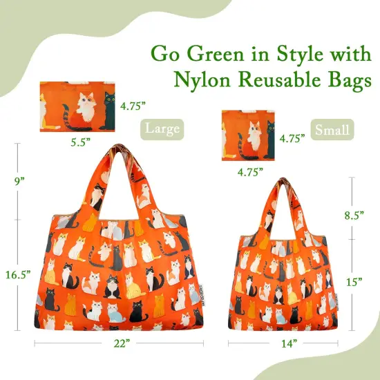 Wrapables Large & Small Foldable Tote Nylon Reusable Grocery Bags, Set of 2, Orange Kitties {2}