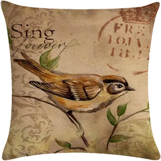 Set of 4 Vintage Bird Pillow Covers Birds On The Branch with Inspirational Words/Sing/Love/Dream/Fly Cushion Cover Cotton Linen Home Decorative Pillowcases {2}