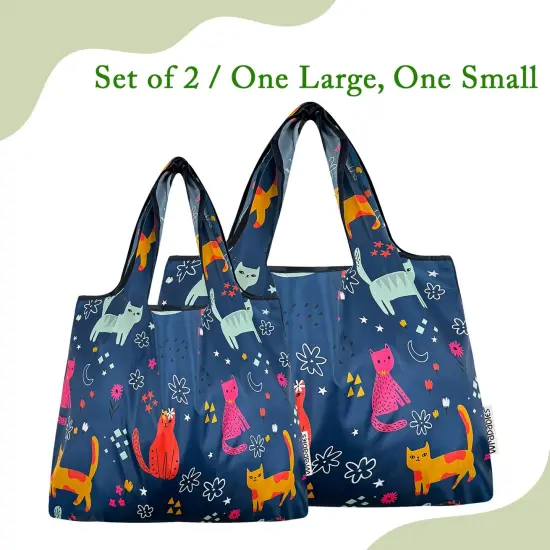 Wrapables Large & Small Foldable Tote Nylon Reusable Grocery Bags, Set of 2, Cute Kitties on Blue {6}