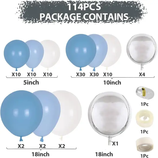 Baby Blue Balloon Garland Kit - 114pcs Macaron Blue Silver Balloon Arch with Matte Light Blue, Sky Blue and White Balloon, for Boy Birthday Wedding Elephant Baby Shower Party Decorations {2}