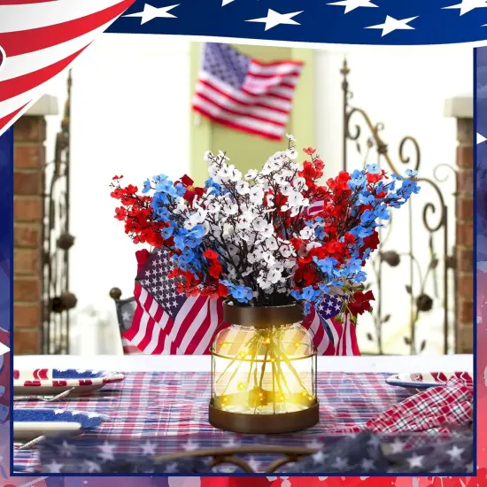 1 Set 4th of July Artificial Flowers with Glass Vase Patriotic Red Blue White Baby Breath Decoration Rustic Clear Lights Vase for Independence Day Floral Arrangement Table Centerpieces Gifts {4}