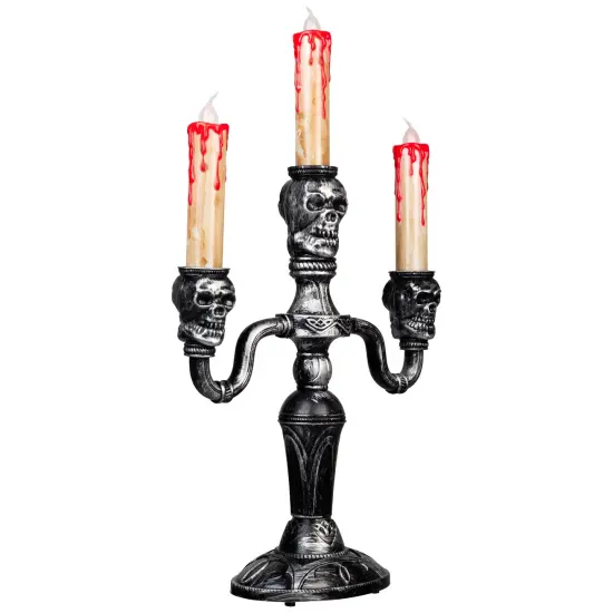 Northlight Antique-Style Skull Trio Flickering Halloween Candelabra - 13.75" - Amber Lights Silver {5}