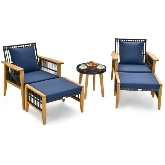 Costway 5 Pcs Patio Acacia Wood Wicker Woven Furniture Set with Coffee Table & 2 Ottomans Navy/Beige {7}