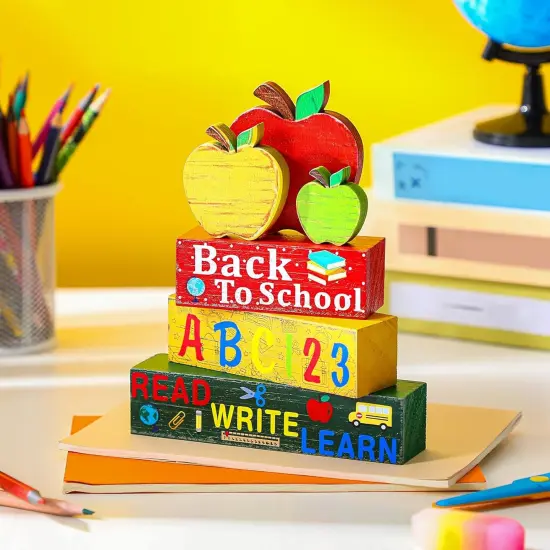 4 Pcs Back to School Wooden Decor Apple Tiered Tray {5}