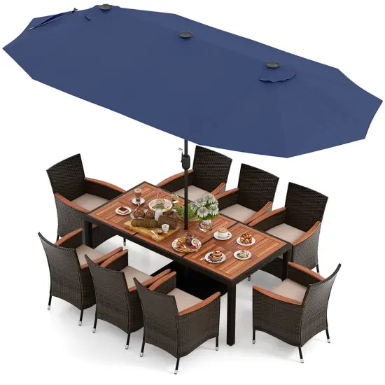 Costway 11 PCS Patio Dining Set with 15ft Double-Sided Patio Umbrella (Base Included) Beige/Coffee/Navy/Orange/Wine/Grey {9}