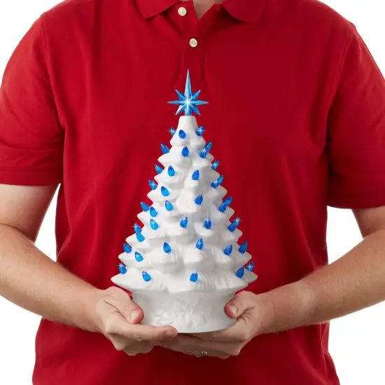 Casafield Hand Painted Ceramic Christmas Tree, White 15-Inch Pre-Lit Tree with 128 Pink and Blue Lights and 2 Star Toppers {4}