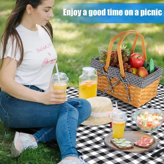 Picnic Basket Natural Woven Woodchip Basket with Double Folding Handles, Picnic Blanket Easter Basket for Easter Egg Candy Storage Spring Summer Camp(Black and White Grid) {4}