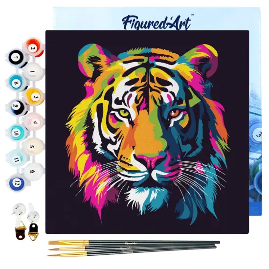 Figured'Art Mini Paint by Numbers Kit for Adults with Frame Tiger Abstract Pop Art Small format 8"x8" - Craft Art Painting DIY Canvas Already Stretched on a Wooden Frame {1}