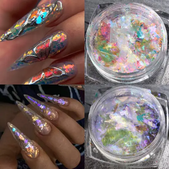 Iridescent Chrome Nail Powder, 6 Boxes Crystal Fire Opal Flakes Chunky Glitter {5}