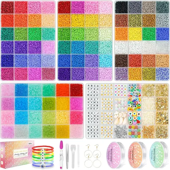 Friendship Bracelet Kit 3mm Seed Beads, 30000 Pcs 8/0 Glass Seed Beads 96 Colors Small Beads Bulk with Letter Bead Charms for Jewelry Making Girls Rings Necklaces {1}