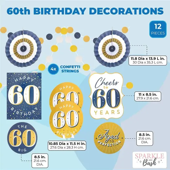60th Birthday Decorations, Includes Table Centerpieces, Wall Sign, Ceiling Decorations and Confetti String (12 Pieces) Multicolor {2}