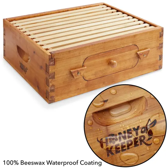 Honey Keeper Brood Box with Window, 100% Beeswax Coated Beehive Kit with 10 Wooden Frames and Waxed Foundations for Langstroth Beekeeping {3}