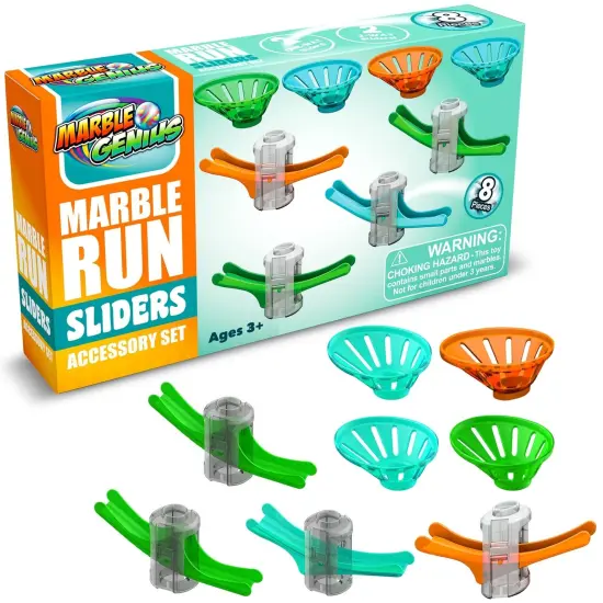 Marble Genius Stunts Slider Set, 8 Pcs Total, 4 Two-Way Sliders and 4 Catch Buckets, Add-On Pieces for Extending Your Marbles Stunt Racing Runs, Ages 5 and Up Multicolor {1}