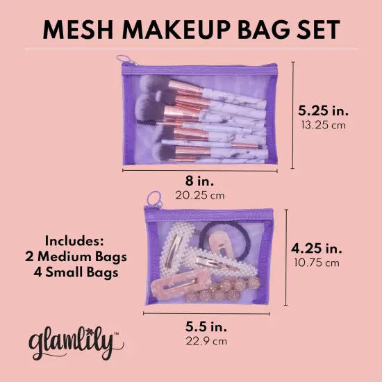 8-Piece Purple Mesh Makeup Bag Sets for Traveling, Overnight Trips, Weekender, Cosmetic Storage Holder, Pencil Organizer Pouch with Zipper, 2 Large, 2 Medium, and 4 Small Bags {4}