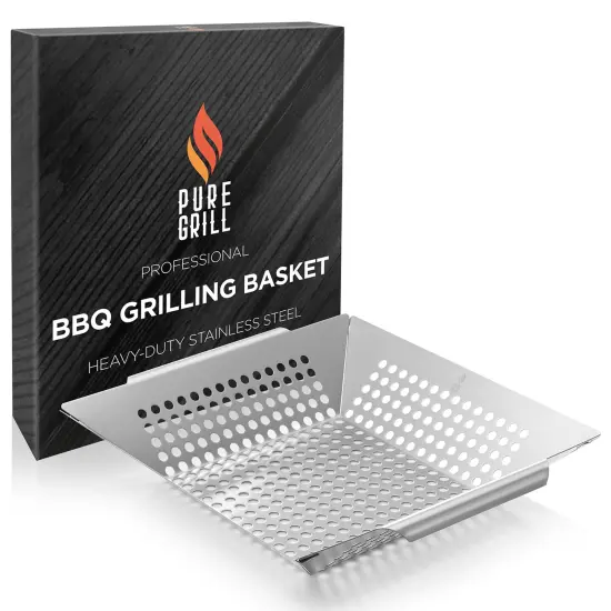 Pure Grill BBQ Vegetable Grilling Basket - Stainless Steel Barbecue Wok Pan Tray {6}