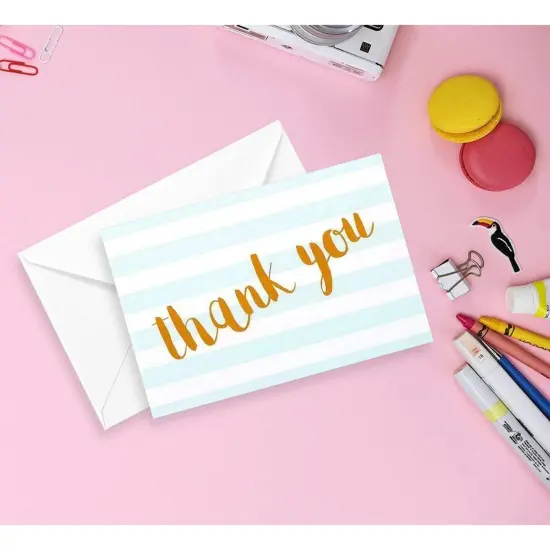 Blue Striped Thank You Cards - Pack of 12 with Envelopes for Wedding, Baby Shower, Business Events 5.91 x 3.94 x 0.1 inches {2}