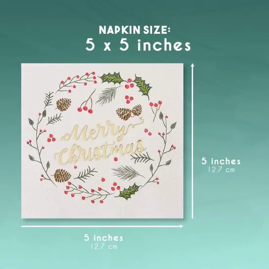 Juvale 50 Pack Merry Christmas Paper Cocktail Napkins for Holiday Party Supplies, Wreath with Gold Foil Design - 5 x 5 Inches White Napkins for Christmas Party {5}