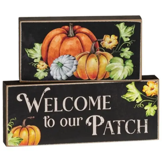 Set of 2 Welcome to Our Patch Wooden Stacking Blocks with Autumnal Design {1}