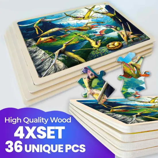 4 Set 36 Pcs Wooden Puzzles for Kids | Dinosaur World {3}