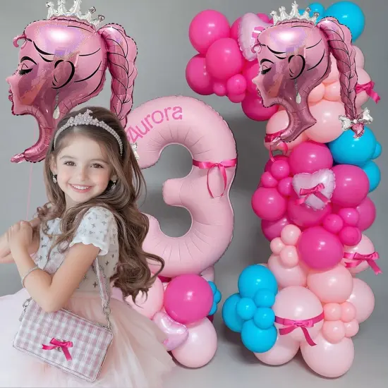 2Pcs Pink Princess Foil Balloon Bow Girl Head(Hot Pink) {5}