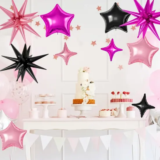 16 Pcs Black Hot Pink Star Balloons(Black Hot Pink) {3}