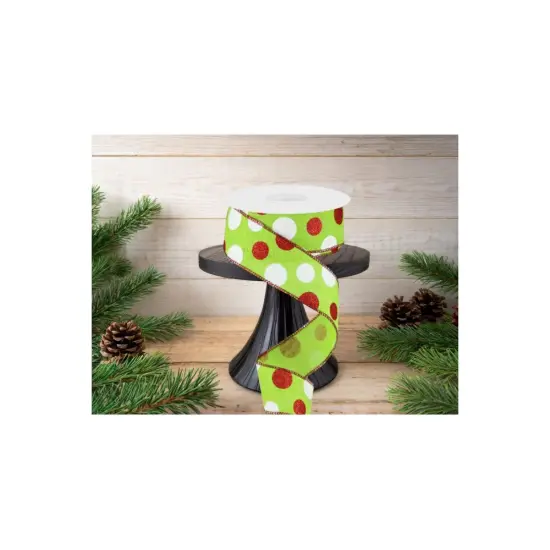 1.5" Multi Glitter Dots Ribbon: Lime Green, Red, White (10 Yards) {3}