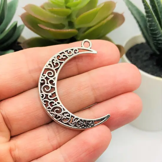 Antique Silver Crescent Scroll Moon Charms, 40x29mm {2}