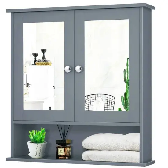 Wall Mounted MDF Bathroom Storage Cabinet with Mirrored Doors and Adjustable Shelves Grey {7}