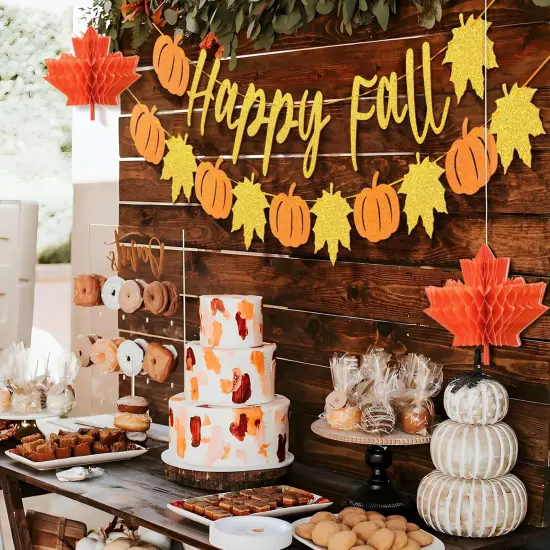 Happy Fall Party Decorations with Pre-Strung Pumpkin Banners and Hanging Swirls - Orange {3}