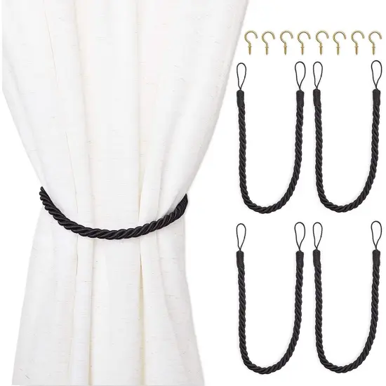 4-Pack Black Cotton Window Curtain Tiebacks Tie Back with 8 Hooks, 26" Holdbacks Rope for Drapes {1}