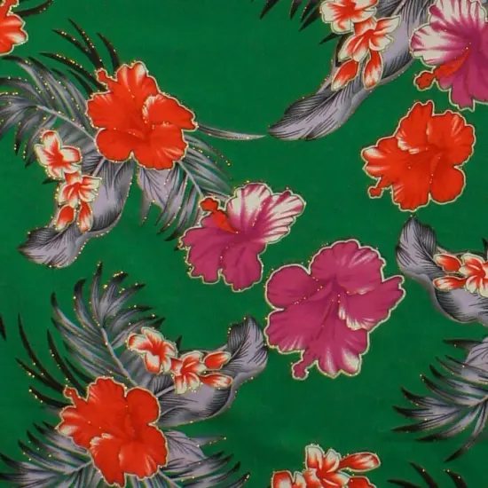 1 Yard Hibiscus Plumeria Banana Leaves Palm Leaves Glitter Polyester Fabric, 36in L x 60in W Blue {7}