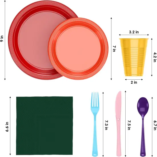 Exquisite 350 Pcs Plastic Plates for Party &ndash; Disposable Plates Set &ndash; 50 Each of 9" Dinner Plates, 7" Dessert Plates, Plastic Cups, Napkins & Plastic Cutlery &ndash; Plastic Dinnerware by Party Solids Rainbow {3}