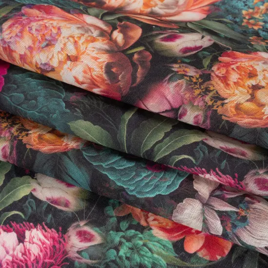 1 Yard Red Violet Peach Dark Green Linen Fabric Medium Weight Mythical Garden 58 inch Width {4}