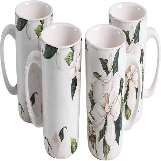 Magnolia Floral Ceramic Mugs, Set of 4, for Coffee {1}