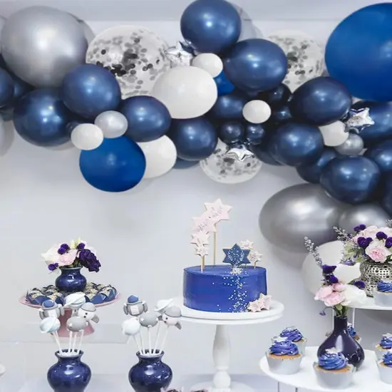 124pcs Blue Silver White Balloons Garland Arch Kit 5/10/12/18 Inch Royal Navy Blue White Metallic Silver Confetti Set for Birthday Wedding Graduation Party Father's Day Decor {4}