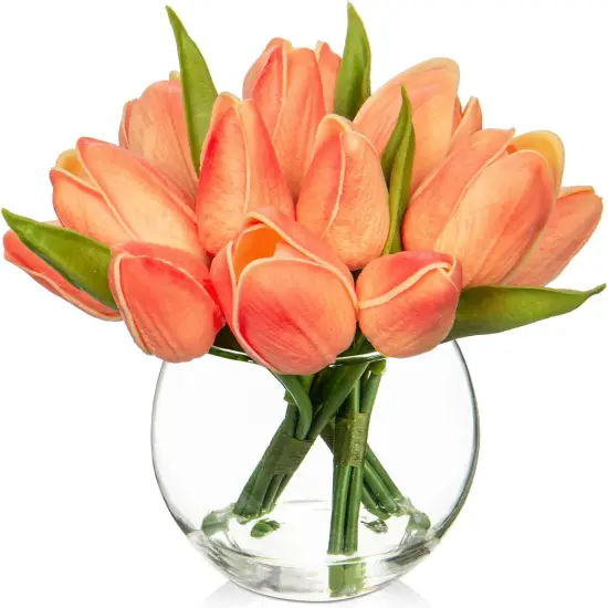 Artificial Peach Tulips in Vase with Faux Water 6" Real Touch Flowers Fake Tulips Small Flowers Arrangement in Round Glass Vase for Mother's Day Table Centerpiece Wedding Home Decor {1}