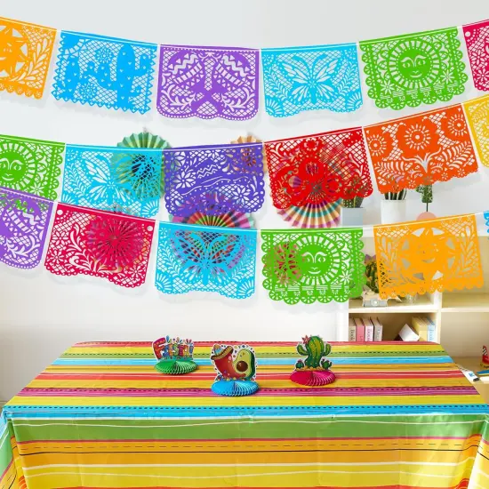 Cinco de Mayo Plastic Papel Picado Banner(4 pack with 8 Multicolor Plastic Flags per Banner), Mexican Party Banners for Fiesta Party Decorations, Dia Muertos Decor {4}