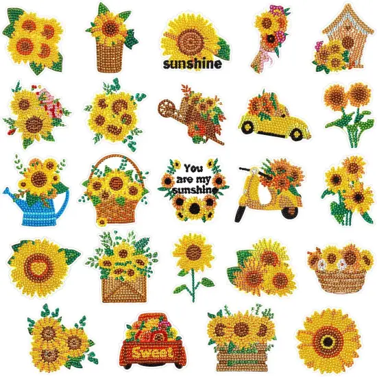 24 Pcs Diamond Art Stickers for Kids Sunflower Diamond Painting Stickers 5D DIY Gem Painting Kit Paint by Numbers Diamonds Spring Mosaic Back to School Gift for Boy Girl {1}