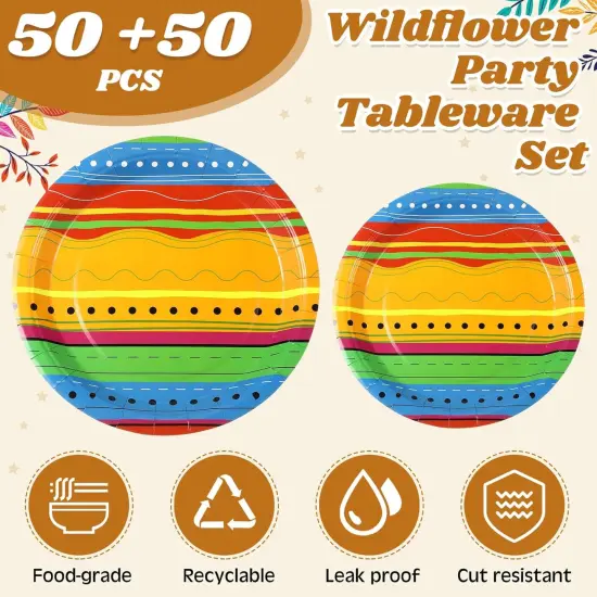 100 Pack Mexican Independence Day Fiesta Paper Plates Colorful Stripes Dinner Plates and Mexican Serape Dessert Party favors for Birthday Taco Party Supplies {3}