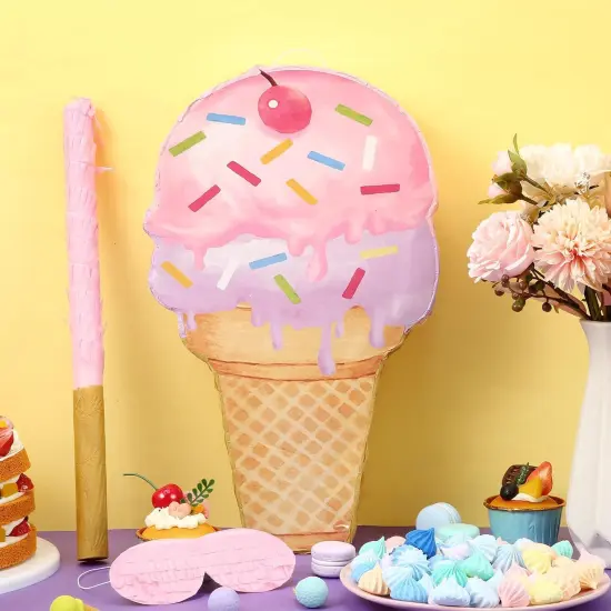 Pink Ice Cream Pi&ntilde;ata Cute Dessert Cone Shaped Pi&ntilde;ata with Stick Blindfold for Ice Cream Candy Birthday Party Summer Baby Shower Wedding Party Supplies Decor, {4}