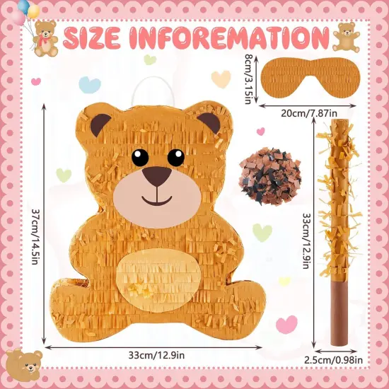 14.5 Inch Bear Pi&ntilde;ata Bear Themed Birthday Party Supplies Animal Pi&ntilde;ata with Wood Bat Stick, Paper Blindfold and Confetti for Valentine&lsquo;s Day Baby Shower Party Decor Kid Adult Boy Girl {3}