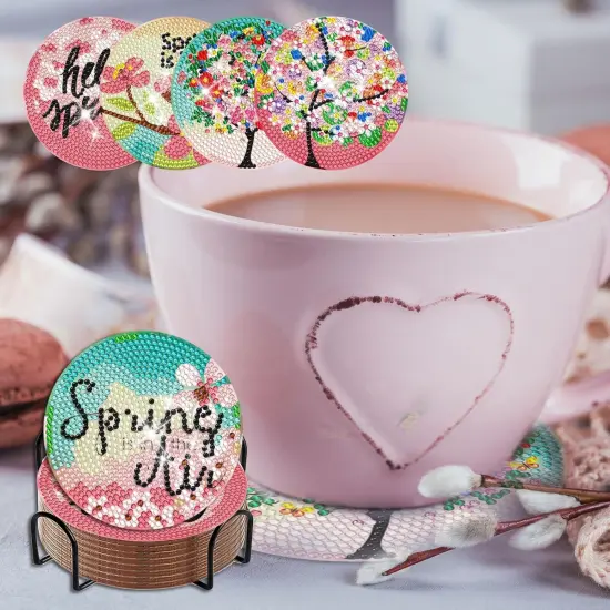 8 Pcs Spring Tree Diamond Art Coasters Kits with Holder DIY Spring Tree Diamond Art Coaster for Gifts Beginner Adults Kids Art Table Home Craft Gift Supplies {3}