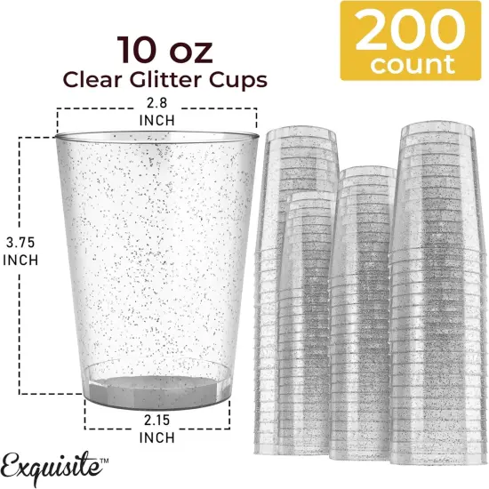 Exquisite Silver Plastic Cups Disposable, Clear Plastic Tumblers 10 Oz. 200 Ct. - Glitter Tumblers, Silver Glitter Cups Disposable For Party, Weddings, Cocktail Glasses & Wine Glasses {2}