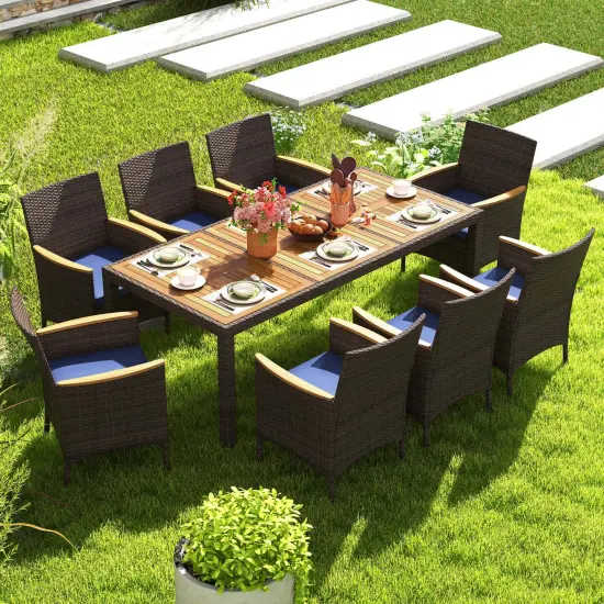 Costway 9PCS Outdoor Dining Set with Acacia Wood Table Top Patio Dining Set for 8 People Navy/Beige {1}