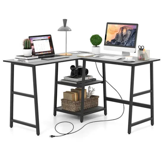 Costway L Shaped Corner Computer Desk Study Table w/Storage Shelves Black/Rustic Brown {1}